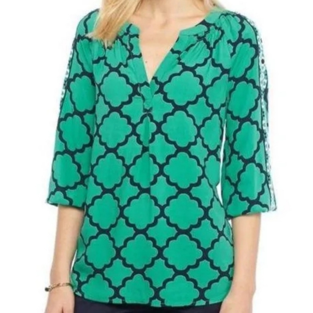Crown & Ivy Teal Abstract Geometric Boho Pull Over Peasant Top M
